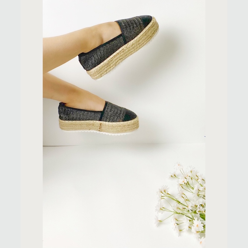 Black Glittery Contrast Platform Espadrilles